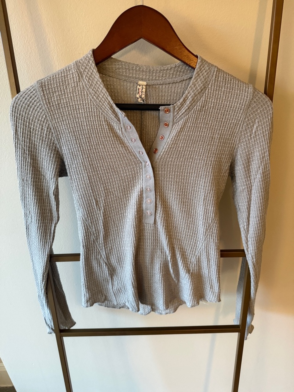 Free People Light Gray Waffle Henley Long Sleeve Top